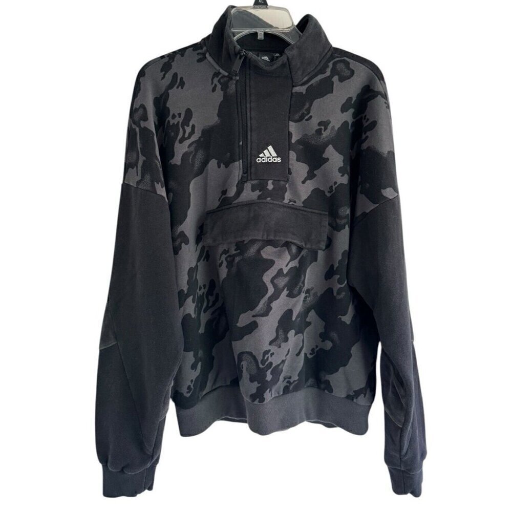 Adidas Mens Sz M Aop Sports Training 1/4 Zip Pullover Black Gray Camo Sweatshirt - Picture 2 of 11